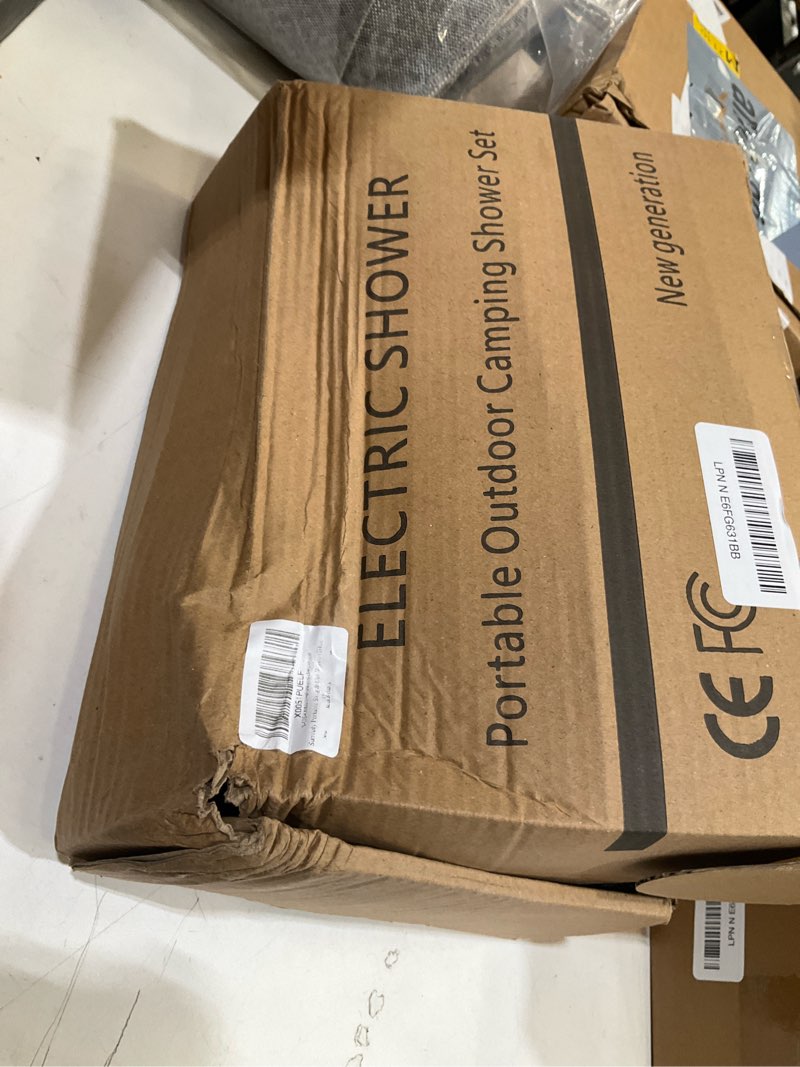 Condition photo showing As Is for portable camping shower, 6000mah rechargeable portable shower pump with led temperature display, ipx8 camp shower, 6 water pressure levels for camping, hiking, pet bath & car wash shower set