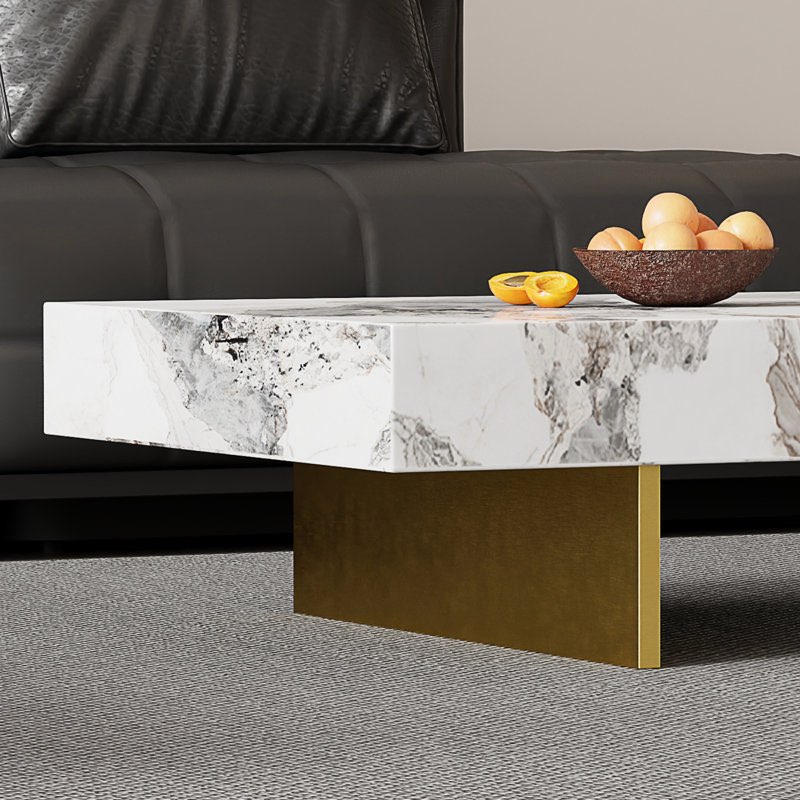 51" modern rectangular coffee table, glossy faux marble table top, stainless steel legs