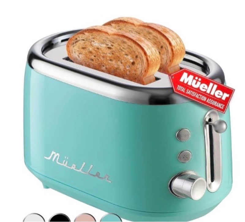MÜELLERHOME Retro Toaster 2 Slice, 7 Browning Levels, 3 Functions (Reheat, Defrost, Cancel), Stainless Steel Features, Removable Crumb Tray, Under Base Cord Storage, Turquoise