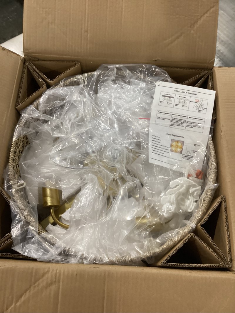 Condition photo showing New/Like New for Fandelier Ceiling Fan with Light, 20 Inch Rattan Fans ?Remote Control ?Boho Caged?Handwoven?Flush Mount Low Profile 6 Speeds for Bedroom, Living Room,Dining Room.Yoga Room Rattan C