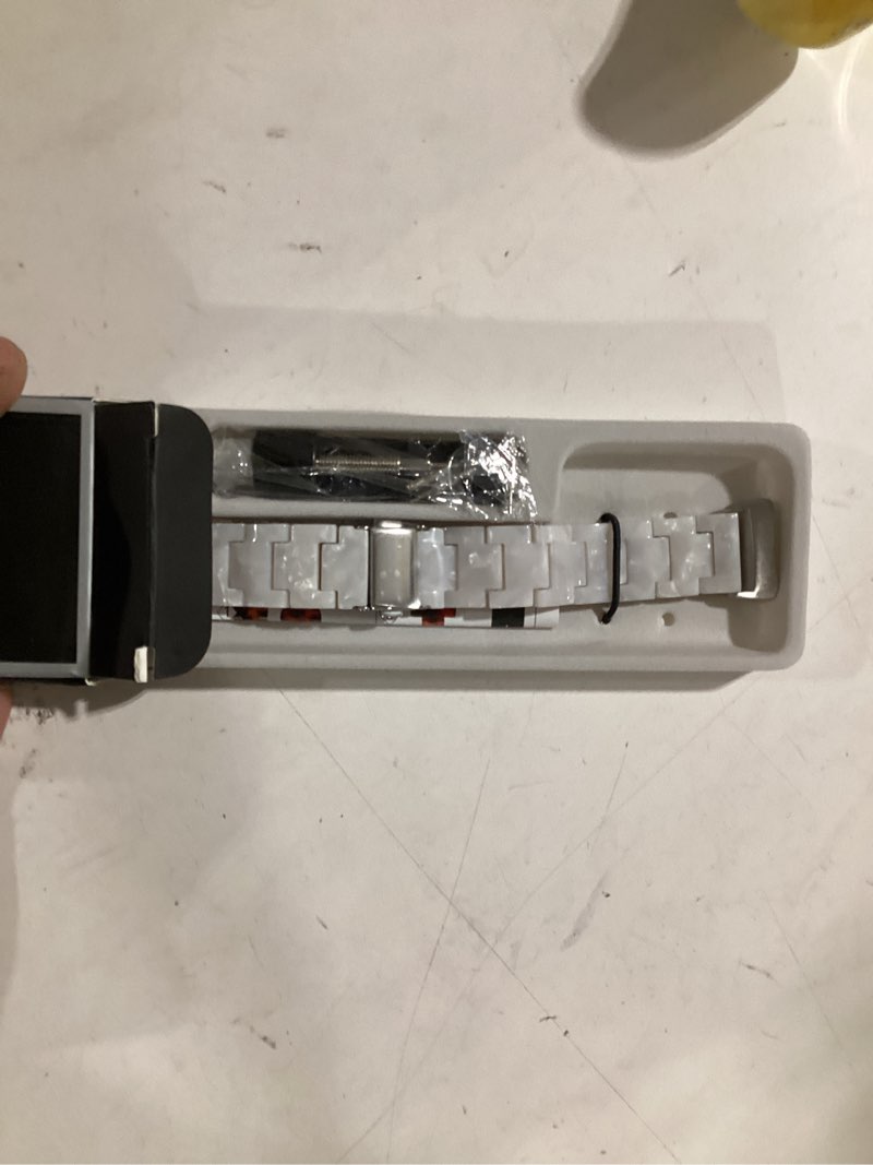 Condition photo showing Good Condition for resin band compatible with fitbit charge 6/ fitbit charge 5, waterproof & lightweight bracelet wristband replacement with stainless steel buckle, fashion strap for fitness tracker women pearl white