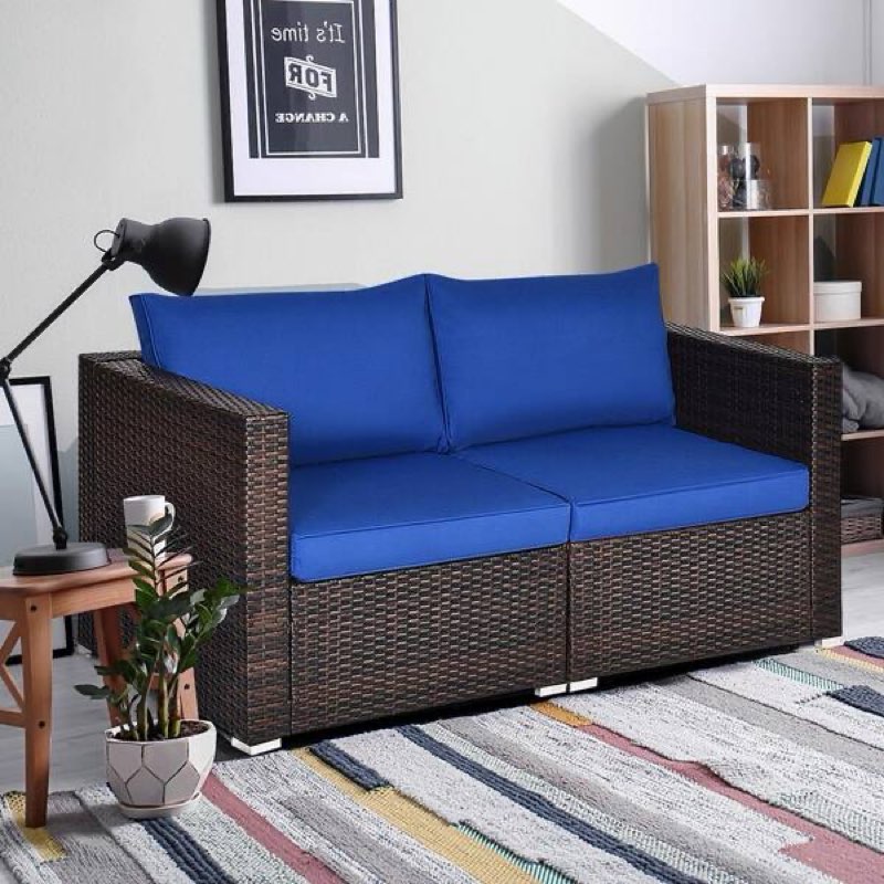 (Incomplete)Mecayla 8 Piece Fire Pit & Rattan Sectional Seating Group with Cushions. Navy