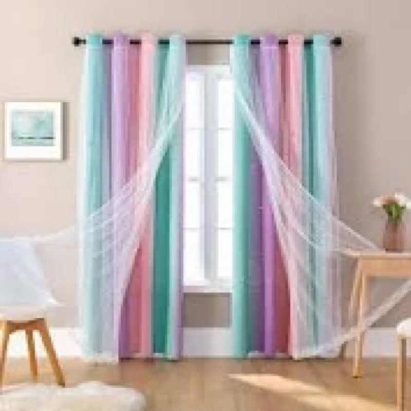 XiDi Curtains for Bedroom Decor, Rainbow PinkPuGreen-34-96