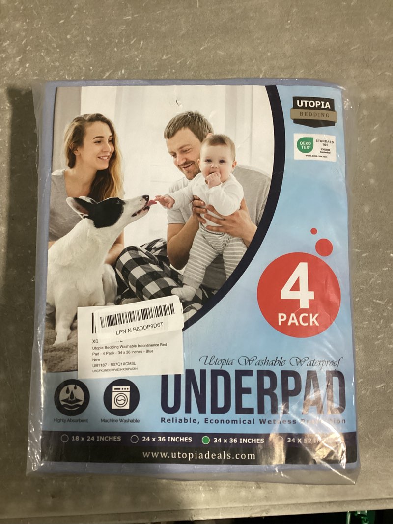 Condition photo showing New/Like New for Utopia Bedding Washable Underpads 34" x 36" (Pack of 4), Waterproof Reusable Heavy Absorbency Incontinence Bed Pads for Adults, Kids, Elderly and Pets, Bedwetting Pads for Sofa and Couch (Blue) 34x36 Inch (Pack of 4) Blue
