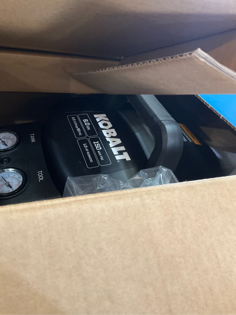 Condition photo showing As Is for kobalt 6-gallon portable electric 150 psi pancake air compressor