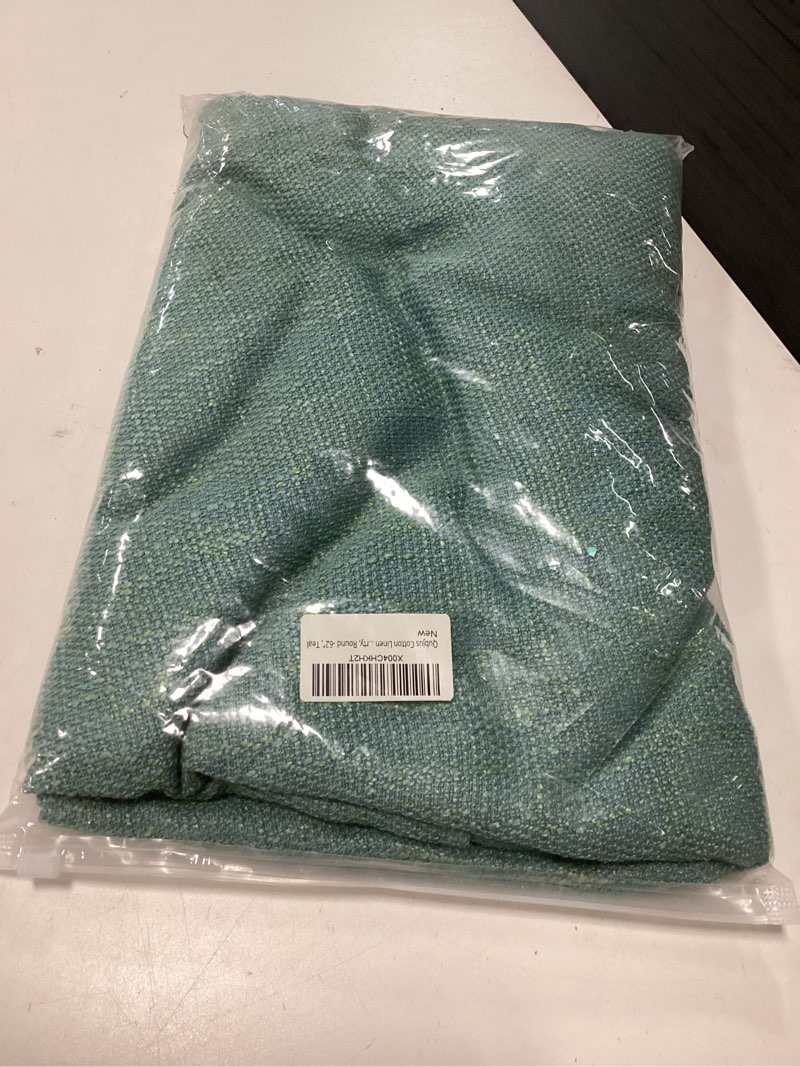 Condition photo showing New/Like New for Qubjus Cotton Linen Round Tablecloth, Farmhouse Solid Color Table Cloth Wrinkle-Proof Heavy Weight Table Cover for Dining Tabletop Decoration Party, Round -62", Teal Teal 62" (Round)