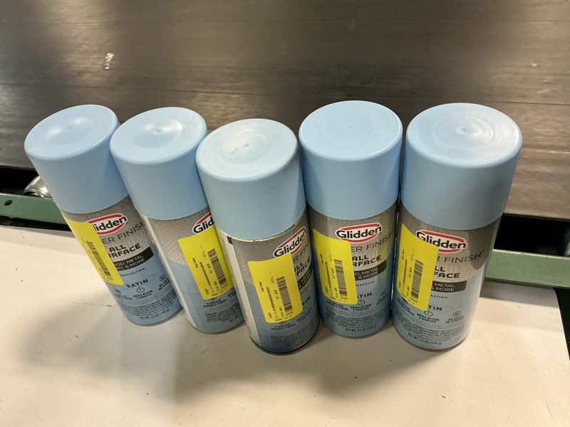 Condition photo showing As Is for 5 pcs glidden master finish 12 oz. satin yukon gold interior/exterior all surface spray paint and primer,