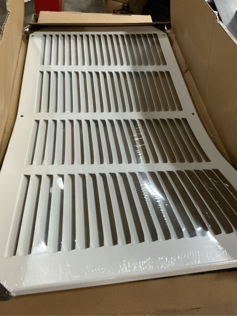 Condition photo showing Good Condition for fits 20x10 duct opening stamped steel return air grille vent cover grille for sidewall and ceiling in white surface dimensions: 21.75"w x 11.75"h (20" w x 10" h duct opening)