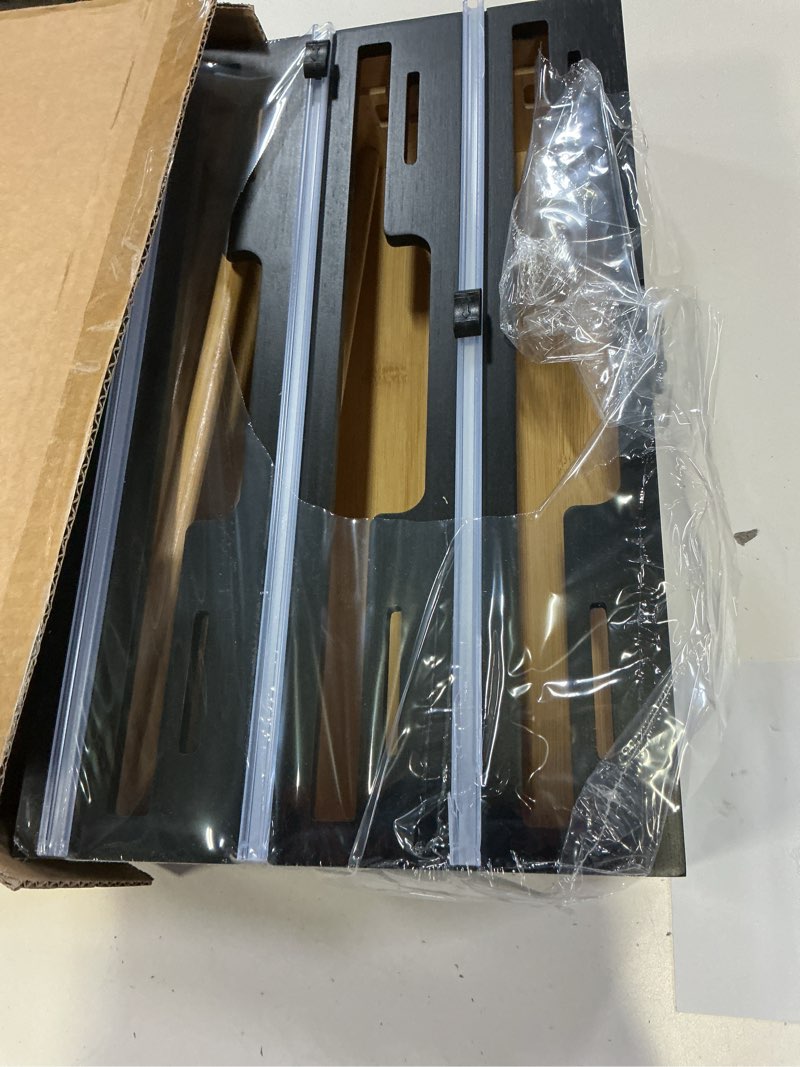 Condition photo showing Good Condition for allinside magnetic plastic wrap dispenser with cutter, 3 in 1 refrigerator bamboo wood organizer for tin foil, baking, wax paper holder kitchen storage box compatible with 12.9" roll, black (3 layer) black [ 3 layer ]