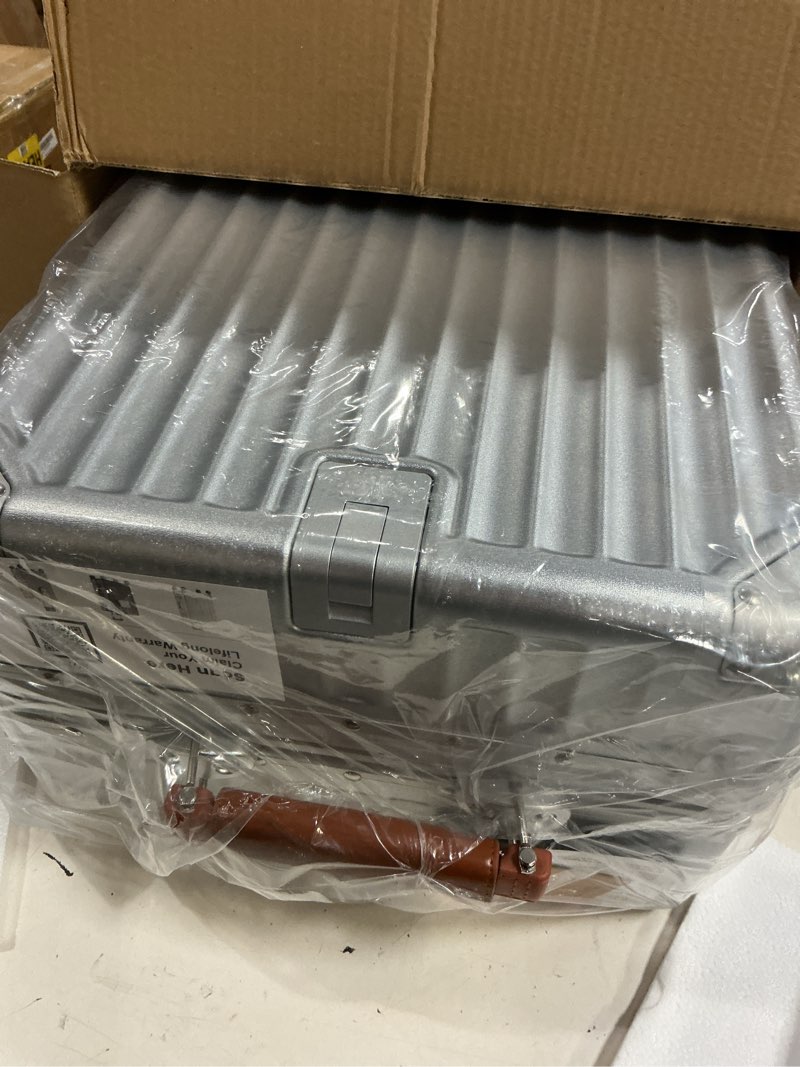 Condition photo showing Good Condition for 24 inch hardside checked luggage with leather handle, pc zipperless suitcase with spinner wheels and tsa locks, lightweight checked luggage for travel, silver silver (brown leather) checked in 24inch