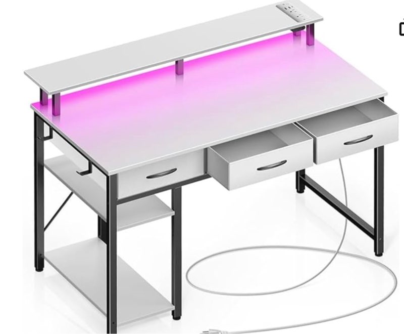 rolanstar computer desk with power outlets & led light, 39 inch home office desk with 3 drawers and storage shelves, writing desk with monitor stand, work desk for home office,white