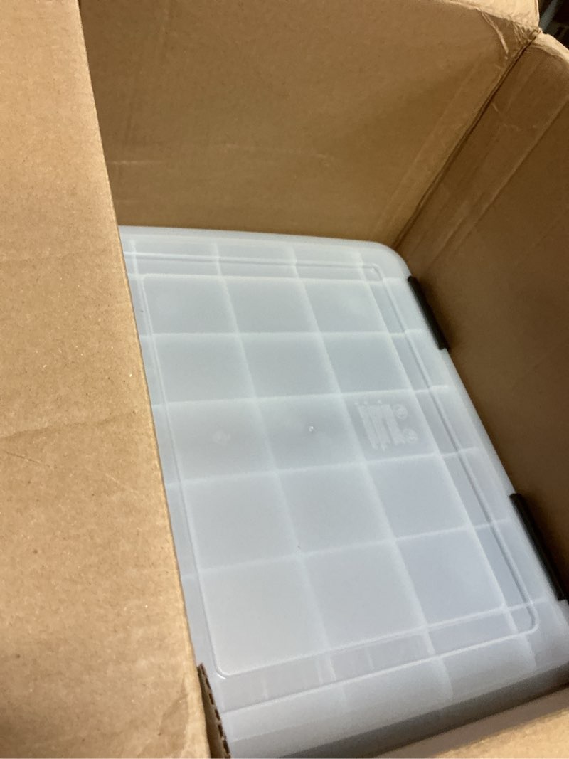 Condition photo showing As Is for (incomplete only two pieces)  iris usa weatherpro 31 qt storage bins with lids, 6 pack, bpa-free plastic gasket box with tight latch and seal, stackable nestable tote tub - clear/black 31 qt. - 6 pack