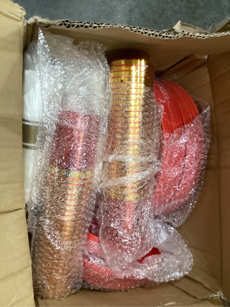 Condition photo showing Good Condition for plastic dinnerware set for 50 guests include dinner plates, 50 dessert plates, pre rolled napkins with gold silverware, cups for party(red tree)