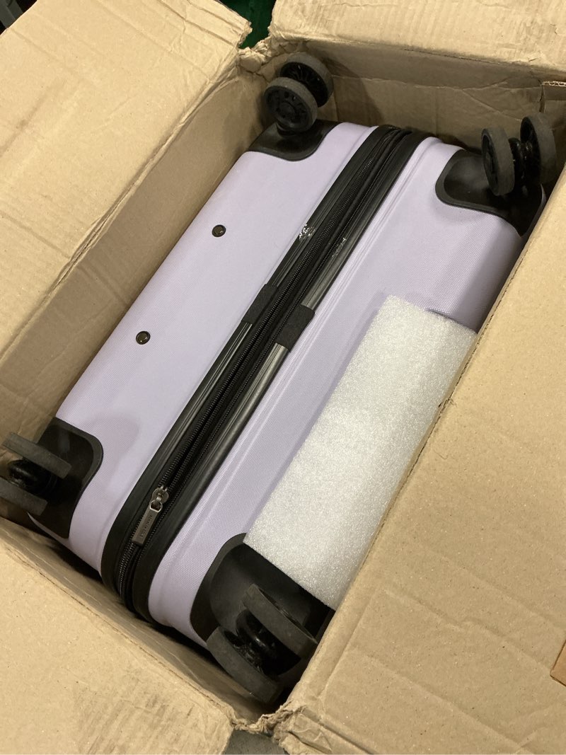 Condition photo showing As Is for flying axis collection lightweight hardside expandable 8-wheel spinner luggage, lavender, 28-inch checked lavender 28-inch checked