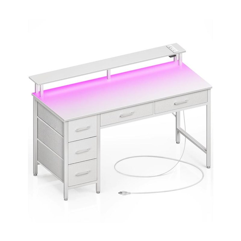 Seventable Computer Desk With Power Outlets & LED Light, 39 Inch Home Office Desk With 5 Drawers, Writing Desk With Monitor Stan