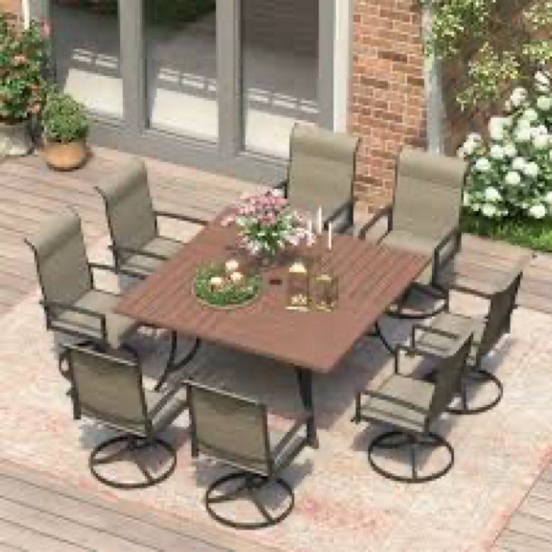 (Table Only)Patio Dining Set with 8 Padded Swivel Dining Chairs and 59\" Square Dining Table Color: Brush Wood Brown/Brown