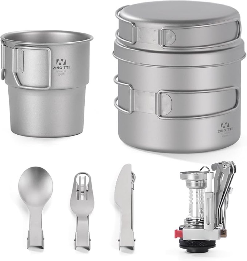 ZING TTI Titanium Pot Set, Camping Cookware Kit, Lightweight Pot with Mini Stove, Titanium Cup, Fork