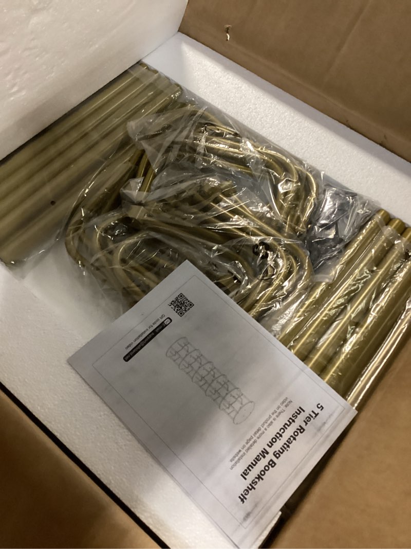 Condition photo showing Good Condition for allstand 5 tier rotating bookshelf, 360 ° display stackable spinning bookshelf tower, narrow space saving tall floor standing swivel bookcase corner storage organizer for bedroom, living room, gold round 5-tier gold