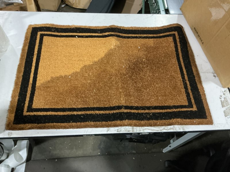 Condition photo showing As Is for barnyard designs natural coco coir non-slip doormat border | heavy-duty welcome mat with rug-grip backing for front door, covered porch or entryway, indoor outdoor sheltered entrance