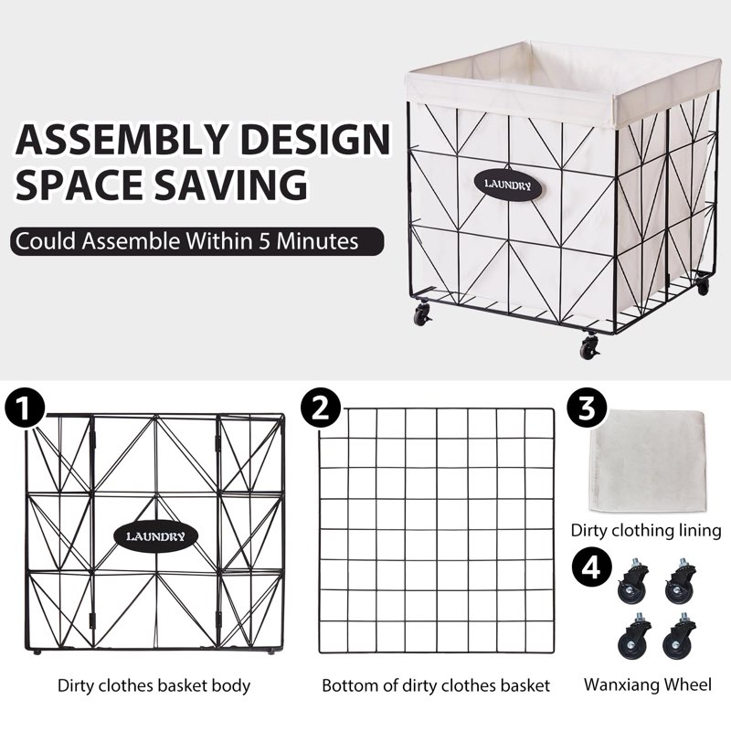 Laundry Mxfurhawa Laundry Hamper,Collapsible Laundry Basket Large Capacity Metal Laundry Hamper with Removable Liner, Rolling Wheels and Collapsible Design for Clothes Storage and Organization (210L BLACK)