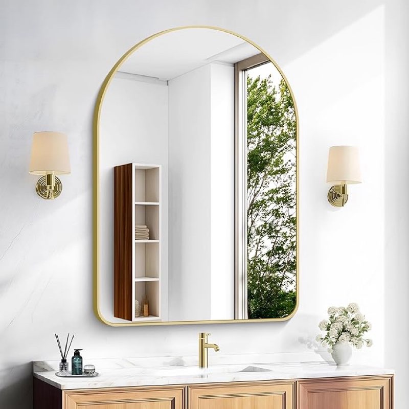 vanity bathroom mirror for wall, 40"x30" arched bathroom mirror for over sink, arched metal frame for bedroom, living room, entryway, hanging or leaning, black black 40"l x 30"w