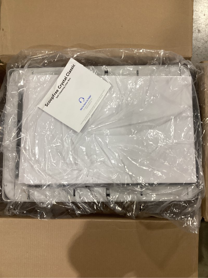 Condition photo showing New/Like New for petsafe scoopfree crystal pro legacy self-cleaning automatic litter box - uncovered motion-sensing cat box with integrated health counter - includes 1 disposable crystal litter tray standard regular uncovered