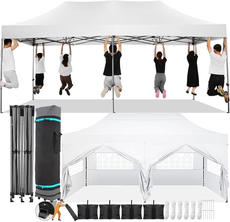 COBIZI 10x20 Pop Up Canopy with 6 Sidewall,Heavy Duty Canopy UPF 50+ All Season Wind Waterproof Commercial Outdoor Wedding Party Tents for Parties Canopy Gazebo with Roller Bag(10 x 20 ft White)