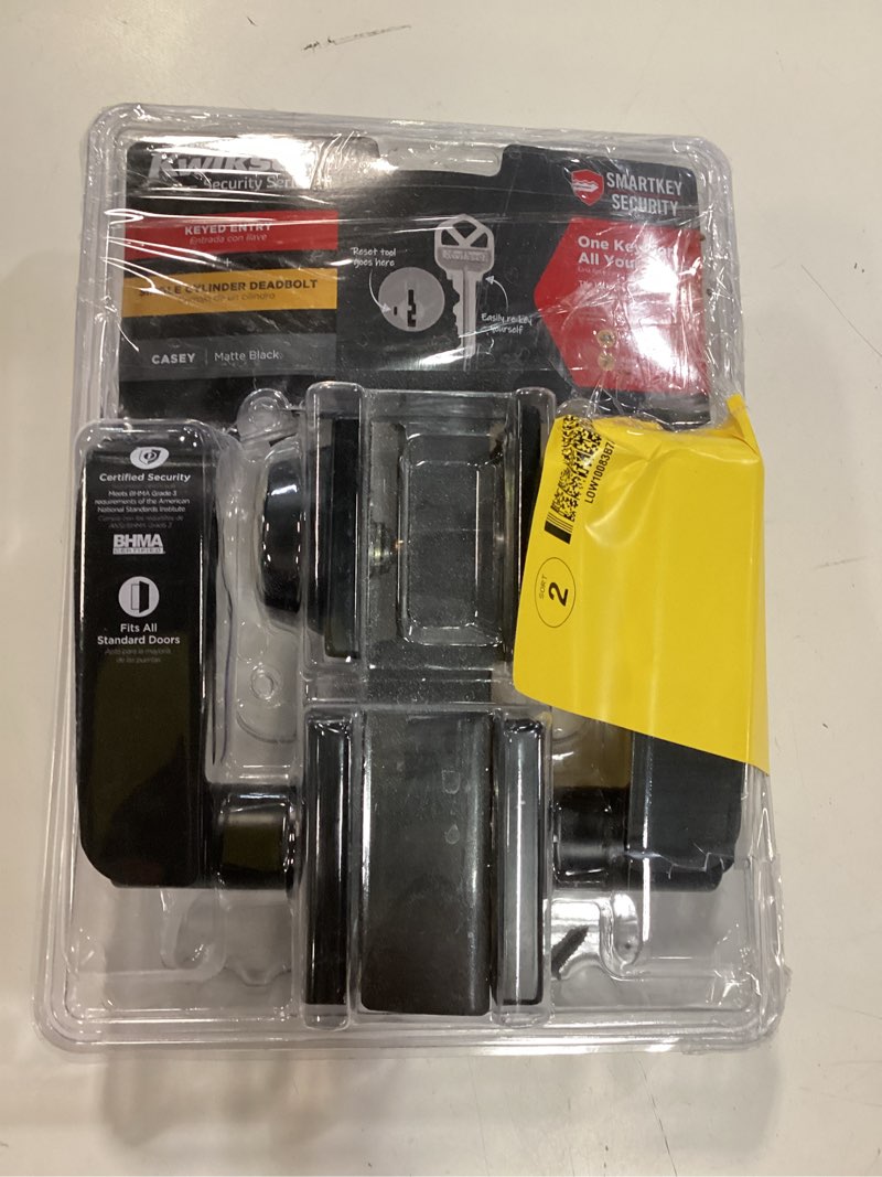 Condition photo showing As Is for kwikset casey matte black single deadbolt keyed entry door handleset with casey lever and smartkey