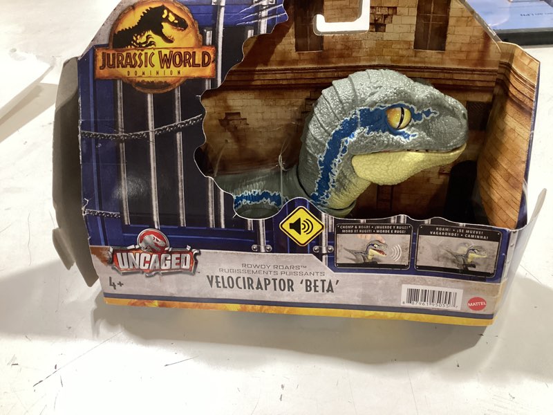 Condition photo showing Good Condition for mattel jurassic world dominion uncaged rowdy roars atrociraptor beta dinosaur action figure, toy with interactive motion & sound velociraptor beta