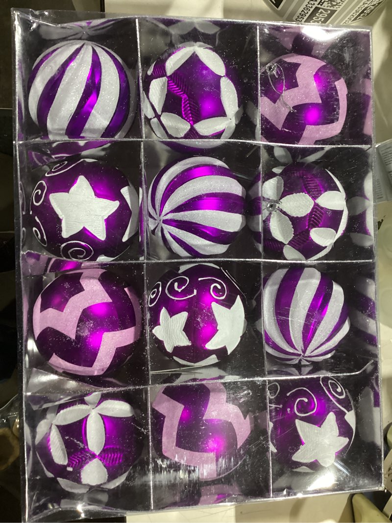 Condition photo showing Good Condition for Large Purple Christmas Ornaments for Tree, 12Pcs Big 4'' Shatterproof Plastic Ball Ornaments, Indoor & Outdoor Xmas Tree Decorations for Holiday Malls (Purple & White)