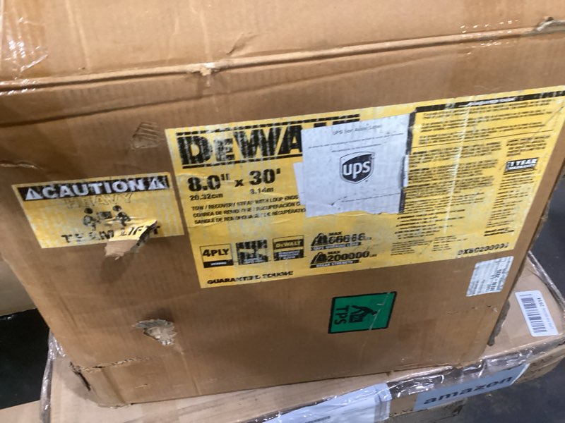 Condition photo showing As Is for DEWALT DXBC200000 Black/Yellow 8” x 30’ Tow and Recovery Strap with Looped Ends - 2-Ply / 66,666 LBS Safe Working Load / 200,000 LBS Break Strength 8” x 30’ 4-Ply