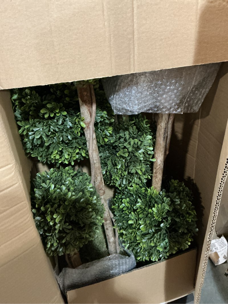 Condition photo showing Good Condition for artificial topiaries ball tree outdoor, 3ft fake topiary triple ball boxwood trees(2 pieces), faux shrubs plants potted green decorative indoor porch or garden?35inch? dark green 35 inch