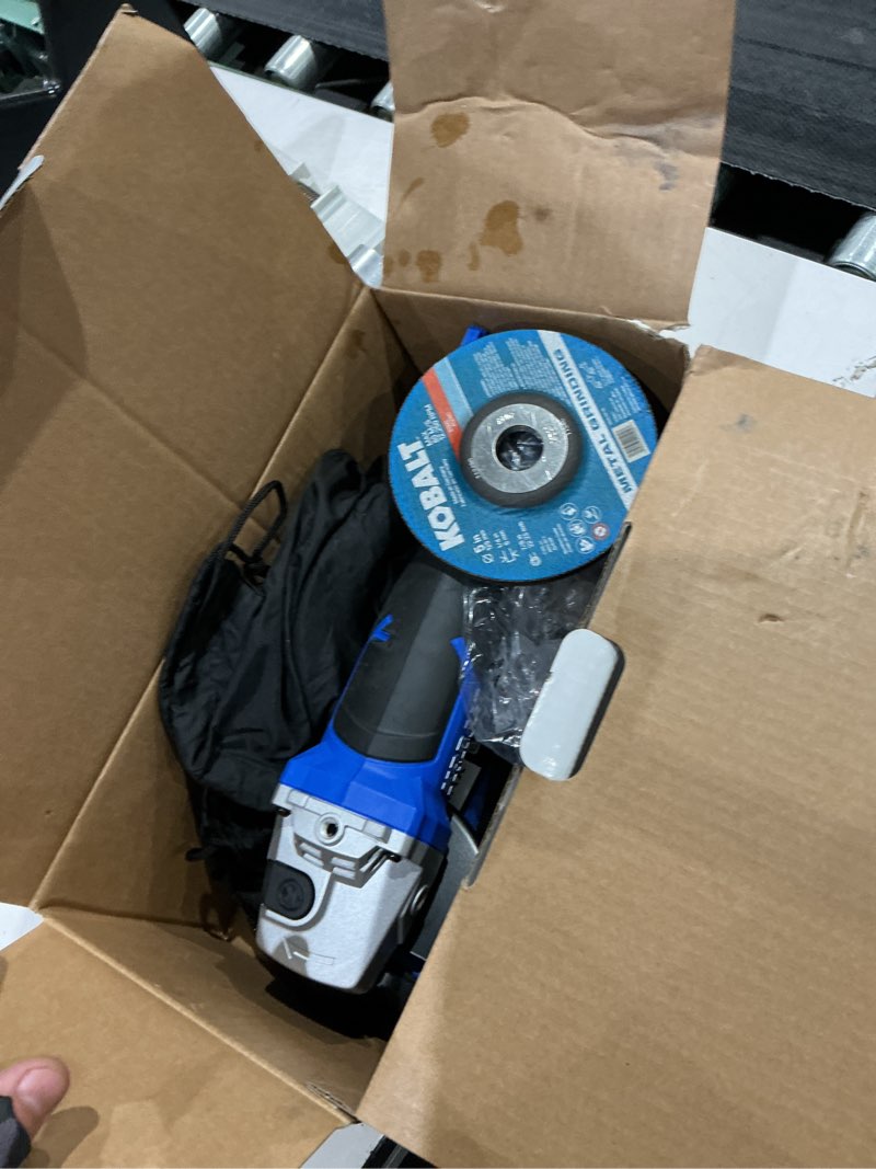 Condition photo showing As Is for kobalt 5-in 24-volt paddle switch brushless cordless angle grinder (battery and charger not included)