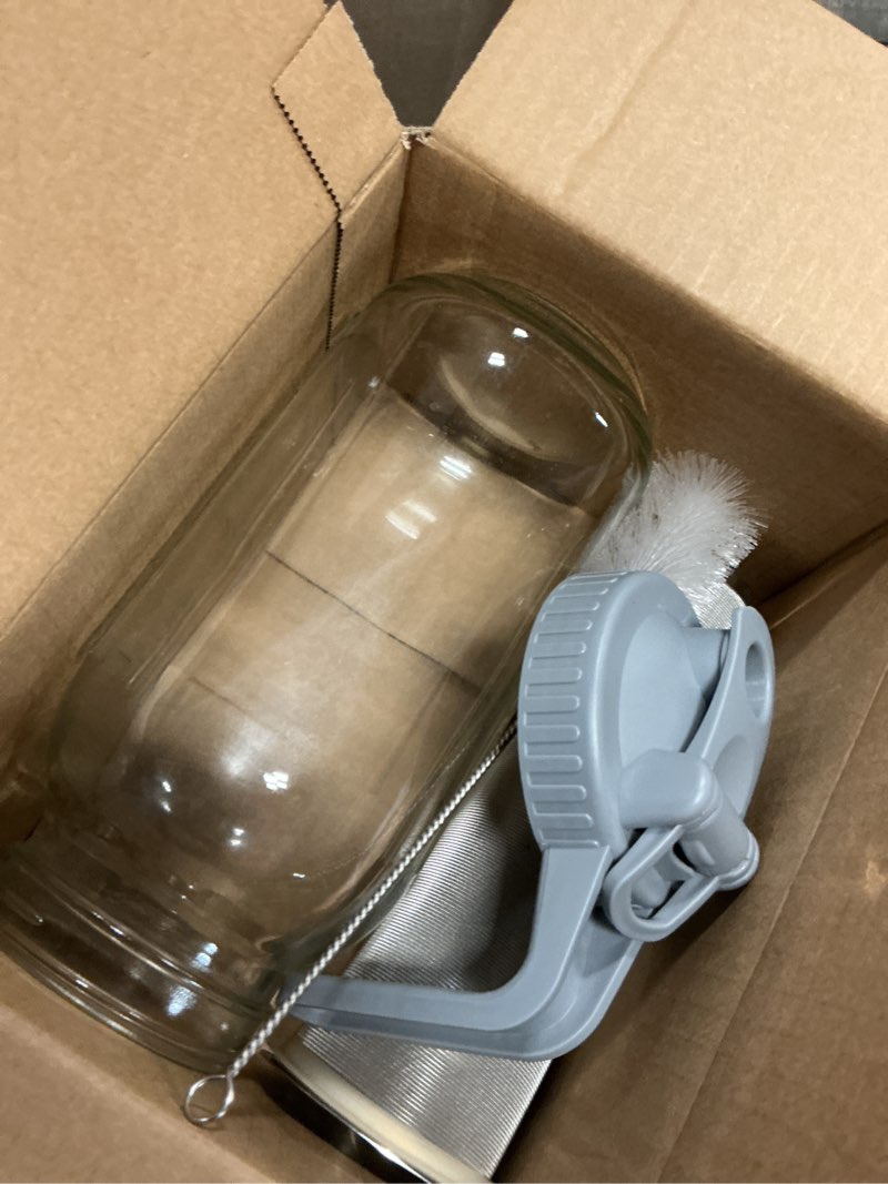 Condition photo showing As Is for Cold Brew Coffee Maker Jar - 64oz Wide Mouth,LeakProof,Heavy Duty Glass Mason Pitcher with Spout Lid,Handle & Stainless Steel Filter for Iced Coffee,Lemonade,Ice Tea & Fruit Drinks 64 Ounces Gray
