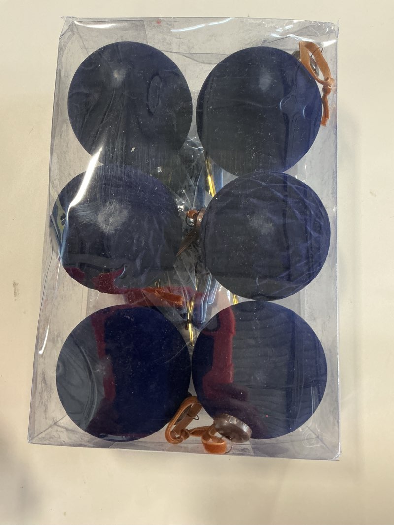 Condition photo showing New/Like New for 6Pcs Large Velvet Christmas Ball Ornaments 4" Navy Blue Flocked Ornaments Set for Christmas Tree with 10Pcs Velvet Bows Shatterproof Xmas Hanging Decorations for Home Office Holiday Décor Navy Blue 4"-6pcs