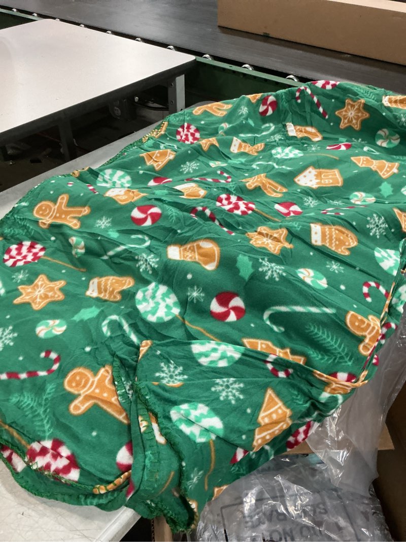 Condition photo showing Good Condition for (Similar to the image)(Unknown size)PAVILIA Christmas Gingerbread Throw Blanket | Green Holiday Christmas Fleece Blanket | Soft, Plush, Warm Winter Cabin Throw, 60x80 (Green Gingerbread) 60 x 80 Inches - Twin Green Gingerbread