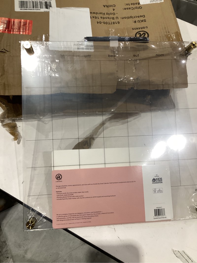 Condition photo showing Good Condition for qty 4)))u brands acrylic monthly dry erase calendar white board, clear with gold finish hardware, 16” x 16”