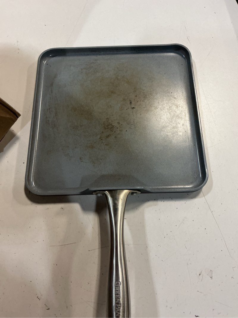 Condition photo showing As Is for greenpan lima hard anodized 11” square griddle pan, ceramic nonstick, pfas-free nontoxic pots and pans, oven & broiler safe, stainless steel handle, cookware for eggs & omelet, gray