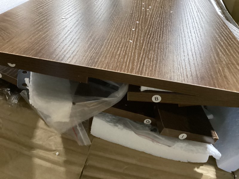 Condition photo showing Good Condition for long console table with power outlet brown (possibly missing hardware)
