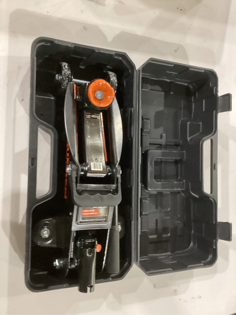 Condition photo showing Good Condition for floor jack 1.5 ton (3300 lbs), hydraulic trolley jack with solid storage case, hydraulic jack for car with single piston pump, portable car floor jack with lifting range 5-1/8'' to 12''