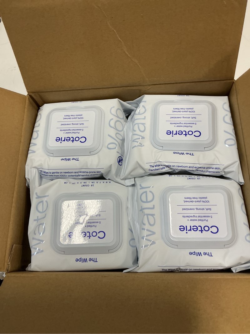 Condition photo showing New/Like New for Coterie Baby Wipes for Sensitive Skin, Plant-Based & Plastic-Free Fibers, 99% Water, Hypoallergenic, pH Balanced, Unscented, Clean and Gentle Baby Essentials, 4 Standard Packs and 8 Travel Size Packs 4 Pack + 8 Pack (Travel)