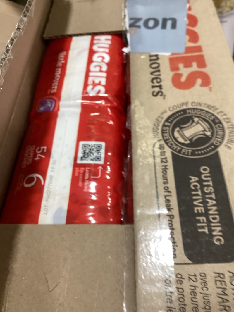Condition photo showing Good Condition for huggies size 6 diapers, little movers baby diapers, size 6 (35+ lbs), 108 count (2 packs of 54), packaging may vary