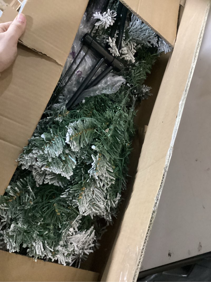 Condition photo showing As Is for HOLLO STAR 6 ft Flocked Prelit Christmas Tree with 250 LED Lights, App Control, Skinny Artificial Pencil Christmas Tree, Multi-Color RGBW Lights, 770 Branch Tips, for Small Space, Home, Party