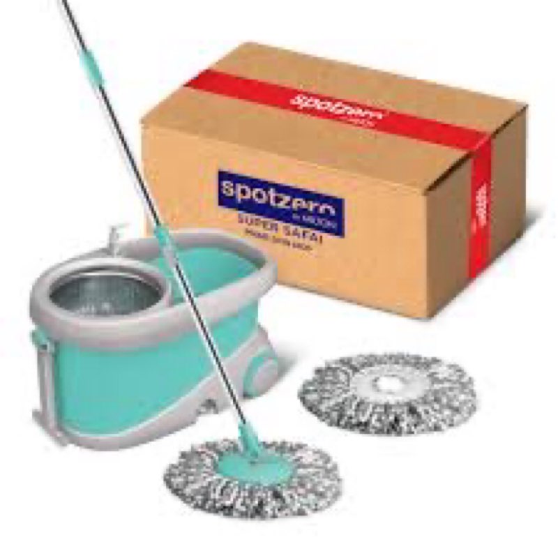 Spotzero by Milton Prime Spin Mop Bucket on Wheels Set, Extendable Handle and Stainless Steel Wringer | 360 Spinning Mop Bucket Floor Cleaning & Mopping System with 2 Microfiber Refills | Aqua Green