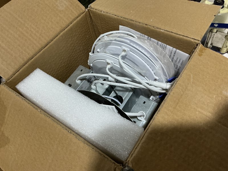 Condition photo showing As Is for meconard 4 pack 6 inch 5cct led canless recessed lighting with night light, 2700k/3000k/3500k/4000k/5000k selectable ultra-thin led ceiling lights, 12w=110w, 1050lm, dimmable wafer downlight etl&fcc white 6 inch