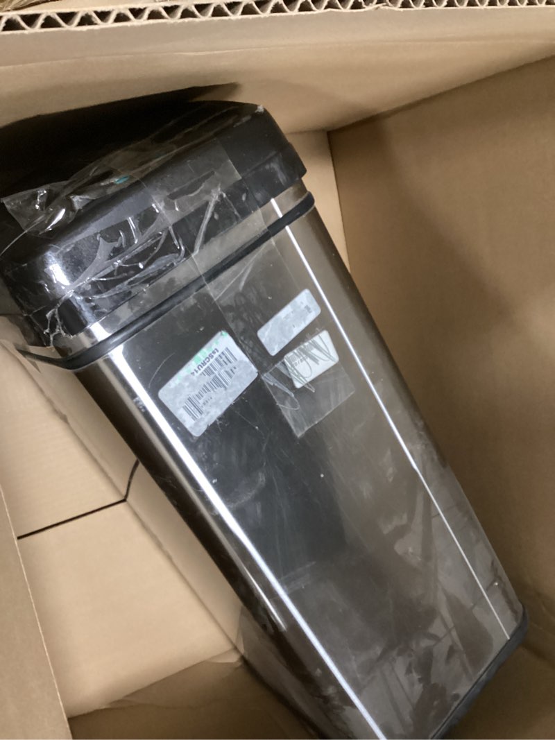 Condition photo showing As Is for Ninestars Automatic Touchless Infrared Motion Sensor Trash Can, 13 Gal 50L, Stainless Steel Base (Rectangular, Black Lid), Black Trim