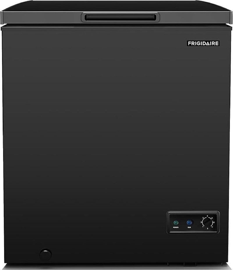 FRIGIDAIRE EFRF5003-BLACK Chest Deep Freezer-Garage-Ready, 5.0 Cu. Ft. Capacity, Black-Adjustable Thermostat-Removable Vinyl Coated Wire Basket-Easy Defrost Drain