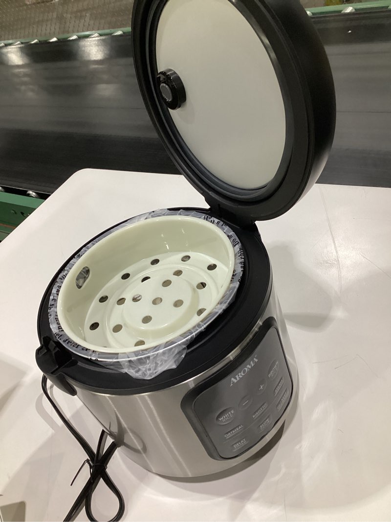 Condition photo showing Good Condition for (NOT TESTED) AROMA® Digital Rice Cooker, 4-Cup (Uncooked) / 8-Cup (Cooked), Steamer, Multicooker, Slow Cooker, Oatmeal Cooker, Auto Keep Warm, 2 Qt, Stainless Steel Exterior