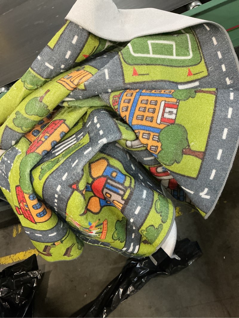 Condition photo showing As Is for kids car play rugs - 36"x60" learning and fun city road map play mat for playing with cars trucks, non-slip playmat for nursery, playroom bedroom and classroom, machine washable city view 3' x 5' (60"x36")