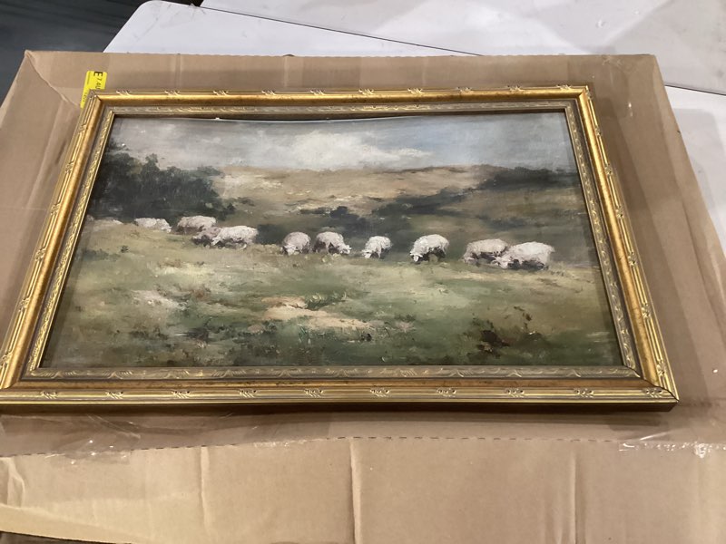 Condition photo showing Good Condition for vintage golden framed wall art sheep on the dunes painting picture wall decor rural sheep grazing field poster print artwork for living room bedroom bathroom home decoration sheep 24"l x 16"w